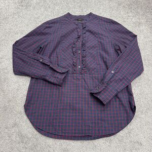 J.Crew Ruffle Popover Shirt Womens 2 Blue Red Plaid Long Sleeve Cotton Casual